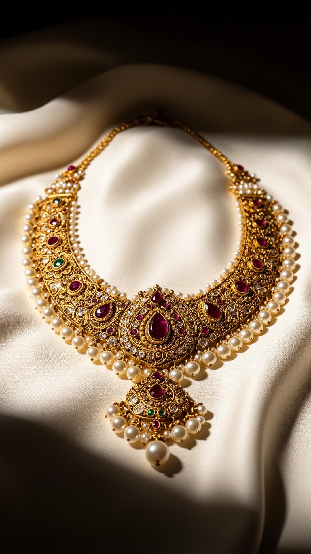 Handcrafted Patra Jewellery bridal necklace on ivory silk